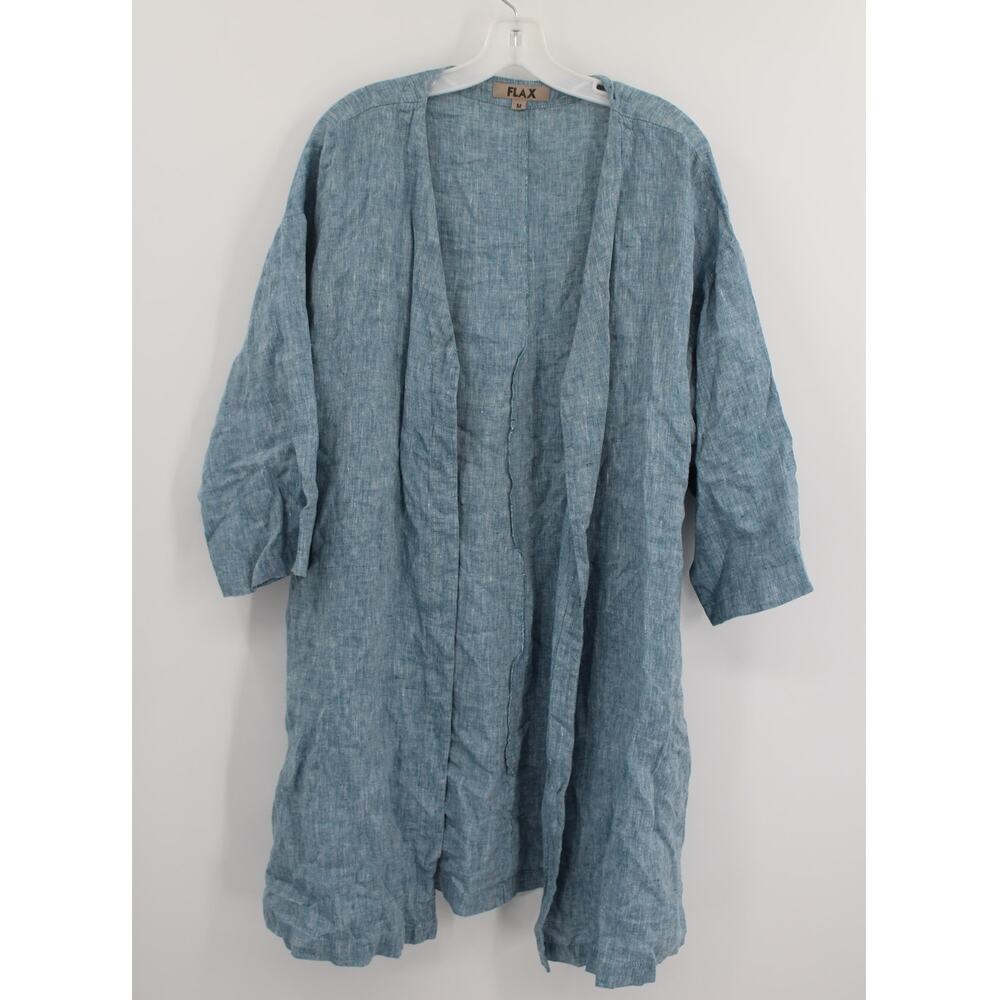 FLAX 100% Linen Open Front Cardigan Jacket Lagenlook Size Medium Blue